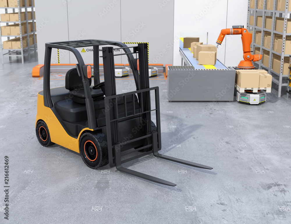 Poster close-up view of electric forklift in modern distribution center. 3d rendering image.