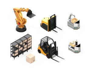 Isometric view of electric forklift, autonomous forklift, AGV, industrial robot isolated on white background. 3D rendering image.