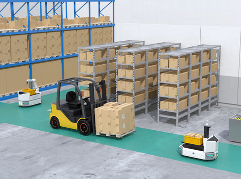AGV robots, electric forklift with cardboard boxes in modern distribution center. 3D rendering image.
