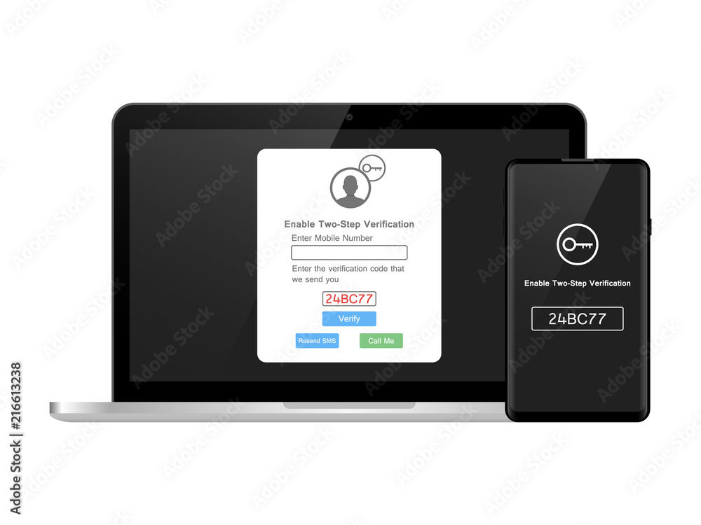 Poster two step authentication illustration, smartphone and computer safety login or signin, two steps veri
