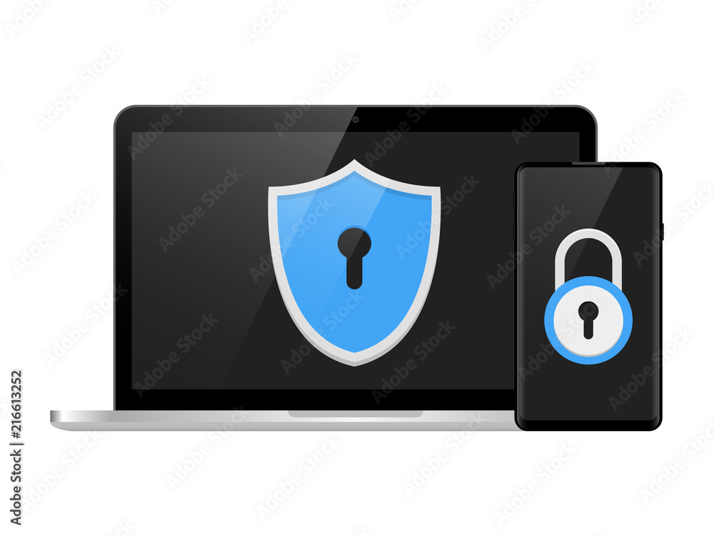 Poster two step authentication illustration, smartphone and computer safety login or signin, two steps veri