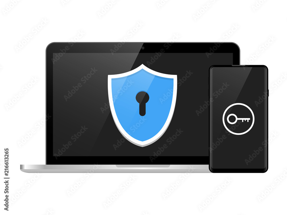 Poster two step authentication illustration, smartphone and computer safety login or signin, two steps veri