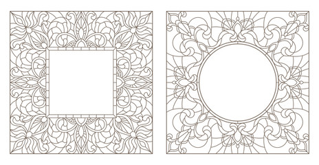 Obraz premium Set contour illustrations of stained glass with floral framework,dark outlines on white background