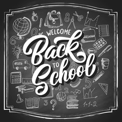 Fototapeta premium Welcome back to school hand drawn lettering with 3d shadow and sketch doodle, custom brush calligraphy on vintage black chalkboard background. Vector illustration.