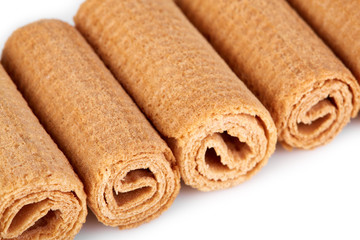 Wafer rolls. Sweet tube wafer isolated on white background. Dessert.