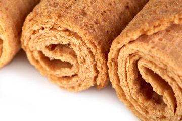 Wafer rolls. Sweet tube wafer isolated on white background. Dessert.
