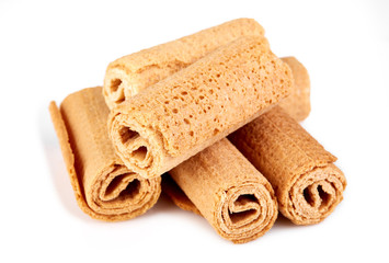 Wafer rolls. Sweet tube wafer isolated on white background. Dessert.