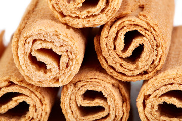 Wafer rolls. Sweet tube wafer isolated on white background. Dessert.