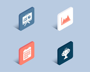 Set of Calendar, Presentation and Diagram icons. Victory sign. Event reminder, Board with charts, Growth graph. Championship prize.  3d isometric buttons. Flat design concept. Vector