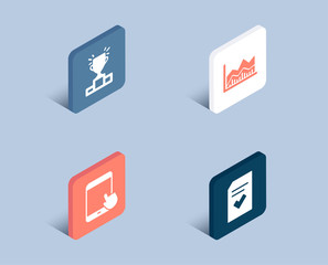 Set of Winner podium, Tablet pc and Trade infochart icons. Checked file sign. Competition results, Touchscreen gadget, Business analysis. Correct document.  3d isometric buttons. Flat design concept