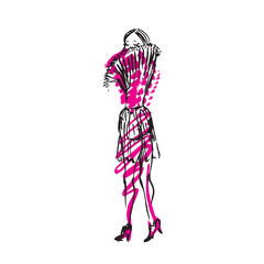 Abstract free fashion model back hand drawn ink doodle with pink stroke accent, sketch, outline black and white vector fashion illustration