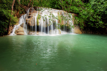 Erawan waterfall in the spring.