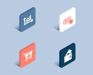 Set of Buy button, Internet shopping and Graph icons. Wallet sign. Online shopping, Cart with purchases, Presentation diagram. Usd cash.  3d isometric buttons. Flat design concept. Vector