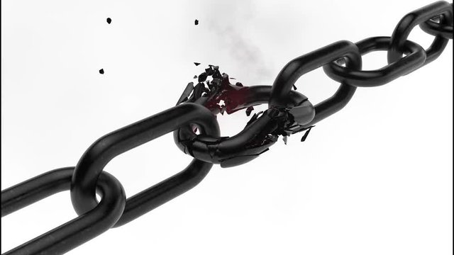 3D metal broken chain with explosion on white backround.
