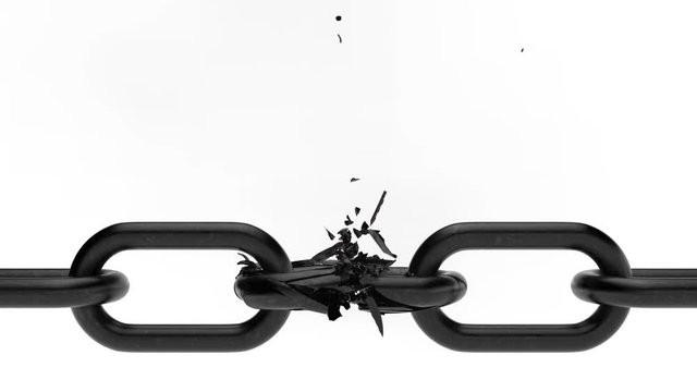 3D metal broken chain with explosion on white backround.