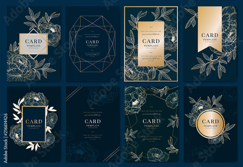 Wedding Invitation modern card Design in golden peony with   tropical palm leaf eucalyptus branches decorative on deep Navy blue background Vector elegant rustic template