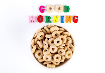 healthy cereal rings on white background. Good morning. A healthy, healthy breakfast. Dry muesli.
