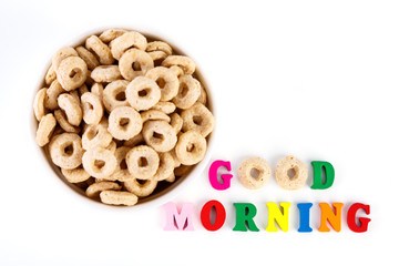 healthy cereal rings on white background. Good morning. A healthy, healthy breakfast. Dry muesli.