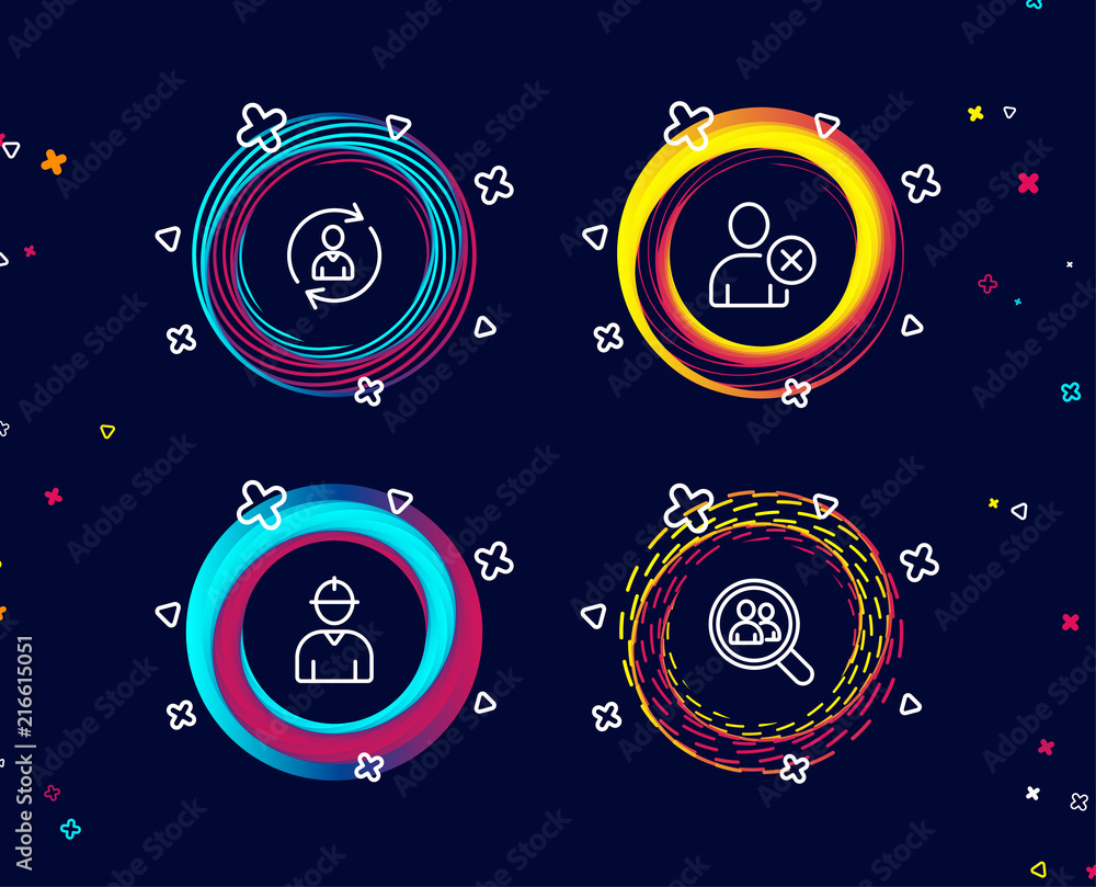 Poster set of person info, delete user and engineer icons. search employees sign. refresh user data, remove