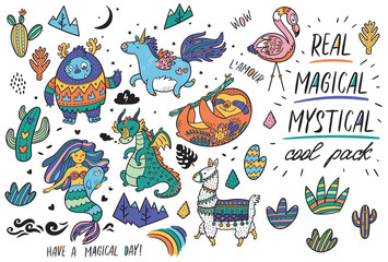 Cute magical set with Yeti, unicorn, dragon, mermaid, llama and sloth in cartoon style. Vector illustration