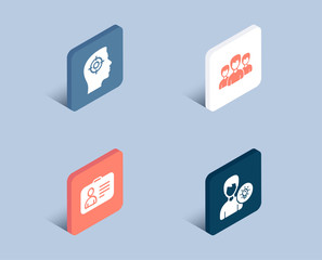 Set of Recruitment, Id card and Group icons. Person idea sign. Headhunter aim, Human document, Group of people. Lamp energy.  3d isometric buttons. Flat design concept. Vector