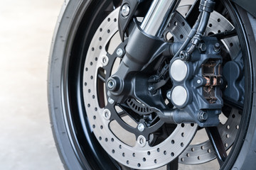 Close up of front radial mount caliper on big bike, Motorcycle with Twin Floating Disk Brake and...