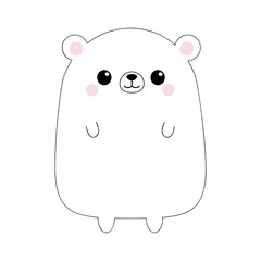 White bear face head body. Black contour silhouette. Doodle linear sketch. Pink cheeks. Kawaii animal. Cute cartoon grizzly character. Funny baby. Love card. Flat design. White background Isolated.