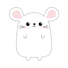 Mouse face head body. Black contour silhouette. Doodle linear sketch. Pink cheeks. Kawaii animal. Cute cartoon funny baby character. Love card. Flat design. White background Isolated.