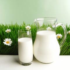 Milk jug and glass on flower field