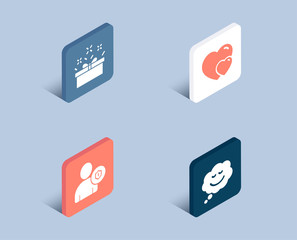Set of Hearts, Security and Present box icons. Speech bubble sign. Romantic relationships, Person protection, Sale offer. Comic chat.  3d isometric buttons. Flat design concept. Vector