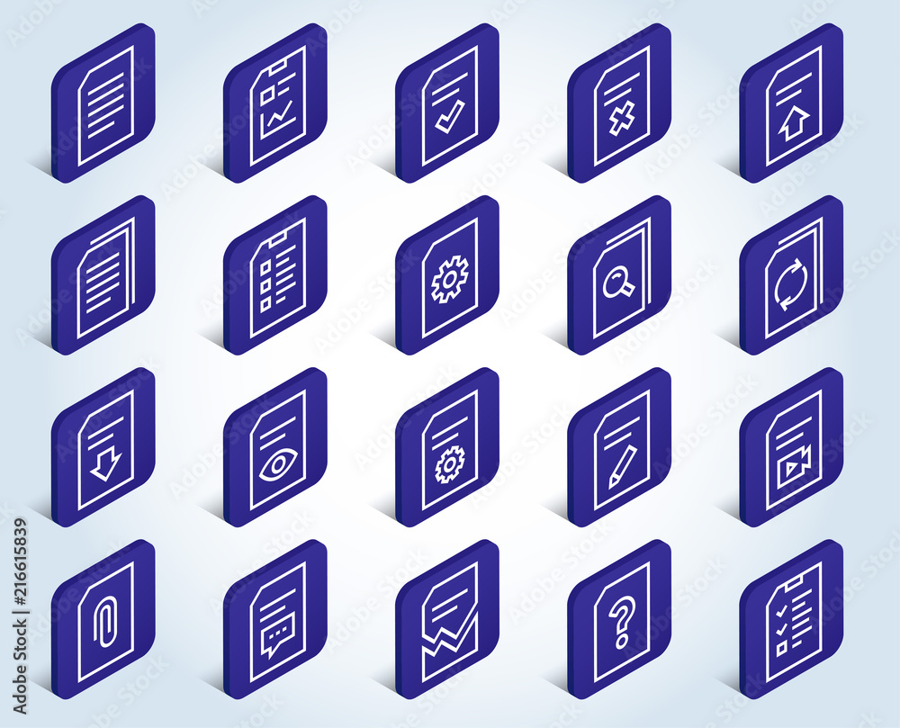 Poster document management line icons. set of report, checklist and copy signs. download file, remove and a