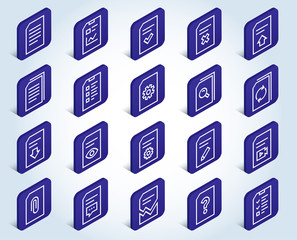 Document Management line icons. Set of Report, Checklist and Copy signs. Download file, Remove and Attach clip symbols. Search, Edit and Corrupt file. Flat design isometric buttons. 3d design concept