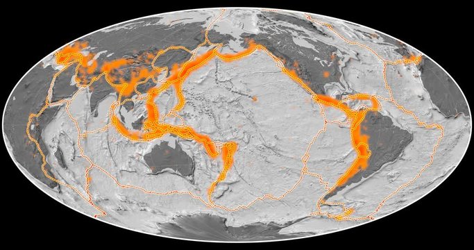 Tectonic activity within the Pacific Ring of Fire on the global map in the Aitoff projection. Elevation & bathymetry - bilevel