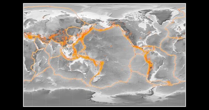 Tectonic activity within the Pacific Ring of Fire on the global map in the Braun Stereographic projection. Elevation & bathymetry - grayscale