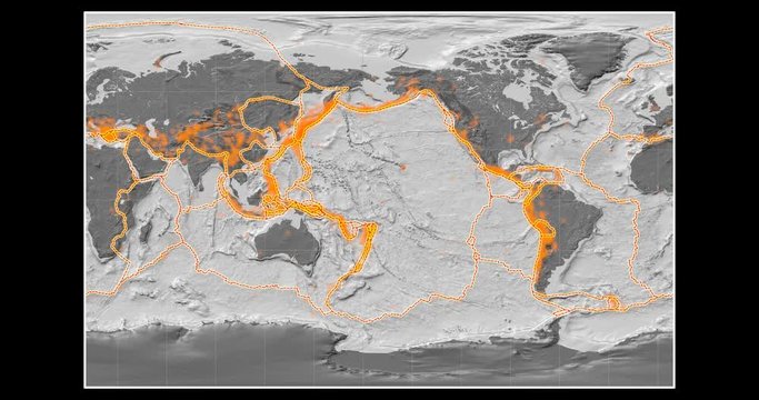 Tectonic activity within the Pacific Ring of Fire on the global map in the Braun Stereographic projection. Elevation & bathymetry - bilevel