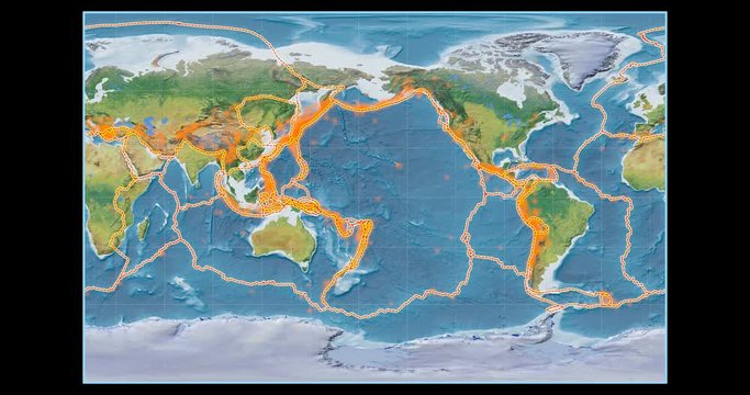 Tectonic activity within the Pacific Ring of Fire on the global map in the Braun Stereographic projection. Main physiographic features