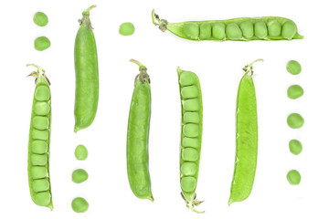 Fresh green pea pod isolated on white background. Set or collection. Top view. Flat lay pattern
