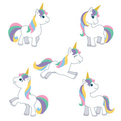 Cute White Unicorn with Rainbow Hair Posing Set Isolated on White