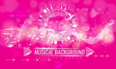 Abstract musical futuristic background with arrows and bokeh effect. Vector background. Pink color