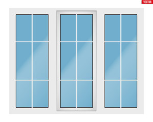Metal plastic PVC window with three sash and one opening casement. Outdoor view. Presentation of models and frame installation. White color. Sample Vector Illustration isolated on white background.