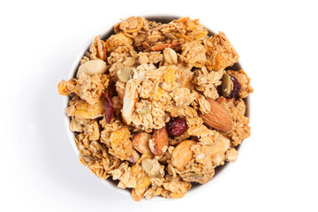 Close up Granola on white bowl isolated on white background.