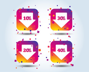 Sale arrow tag icons. Discount special offer symbols. 10%, 20%, 30% and 40% percent discount signs. Colour gradient square buttons. Flat design concept. Vector