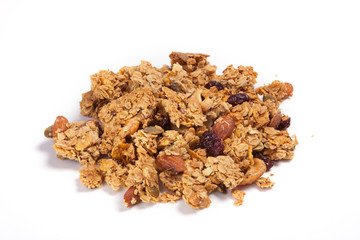 Close up pile Granola isolated on white background.