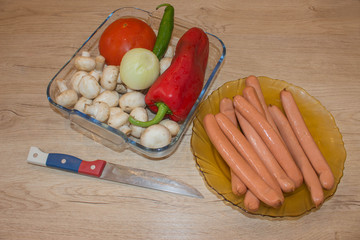 Grilled Mushrooms, sausages, tomatoes, pepper. concept cooking, culinary