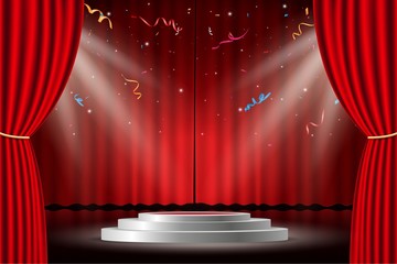 Red curtain with white stage and confetti - obrazy, fototapety, plakaty