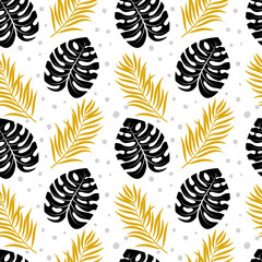 Tropical seamless pattern. Summer black and gold background. Jungle leaves. Vector illustration.