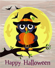 Halloween. Cartoon owl in a witch costume with pumpkin against a background of the moon with bats sitting on a branch. Vector on wooden back. Poster / invitation / greeting card on holiday.
