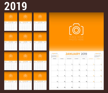 2019 year. Calendar planner stationery design template with place for photo. Week starts on Monday. Vector illustration