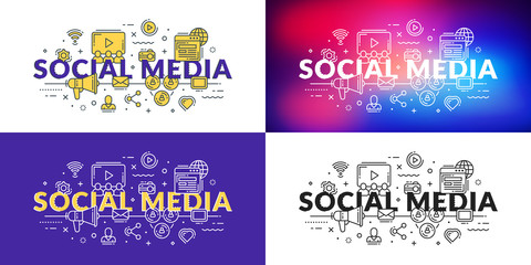 Fototapeta premium Social media. Flat line illustration concept for web banner and printed materials. Vector illustration in 4 different styles