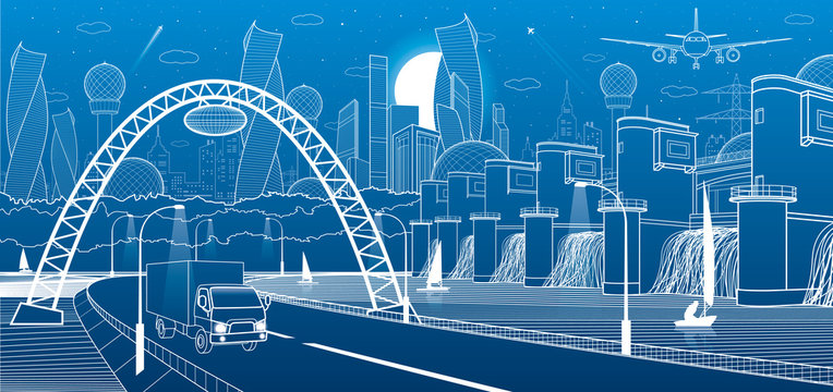 City infrastructure industrial and energy illustration. Hydro power plant. River Dam. Automobile road. Car move on Illuminated highway. Big bridge. White lines on blue background. Vector design art